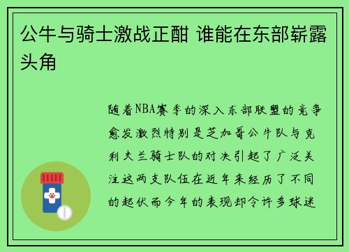 公牛与骑士激战正酣 谁能在东部崭露头角